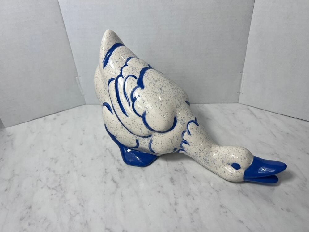 Vintage Blue & White Spongeware Ceramic Duck Figurine - Farmhouse Decor